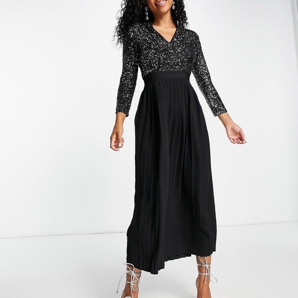 ASOS Little Mistress Sequin Pleated Midi Dress Black Silver Size 4 Women’s